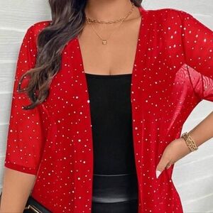 New Red Sheer Cardigan with Rhinestone Accents